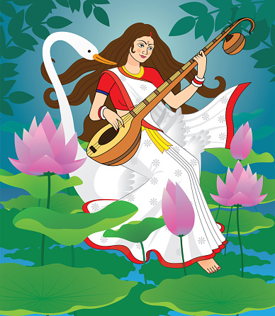 Saraswati is the Hindu goddess of knowledge, music, art, wisdom, and learning. vector illustration of Goddess Saraswati for Vasant Panchami Puja of India. Illustration of Goddess of Wisdom Saraswati
