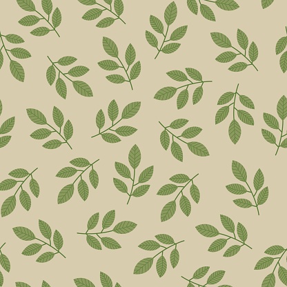 Seamless pattern with leaves and branches. Raster allover print with hand drawn leaf and twigs. Fresh spring illustration