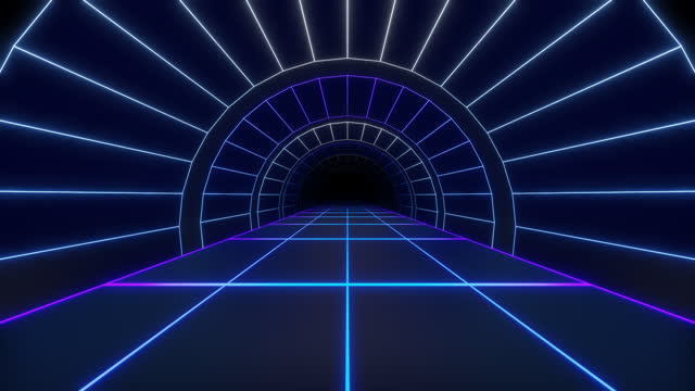 Blue neon retro road with glowing arch synthwave seamless animation