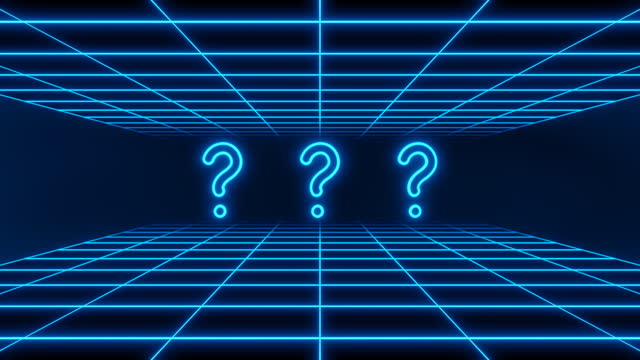 Three blue neon question marks in retro grid tunnel loop animation