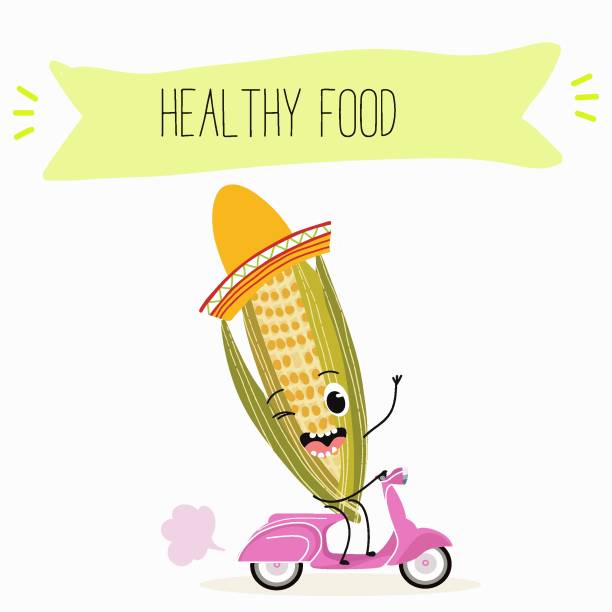 ilustraciones, imágenes clip art, dibujos animados e iconos de stock de ilustración con maíz, mazorca, mascota, maíz, mazorca de maíz, batata, ñame personajes divertidos comida divertida y saludable. vitaminas, comida cara linda, ingredientes, vegetarianismo, dibujos animados vectoriales, antioxidantes. - corn corn crop corn on the cob food