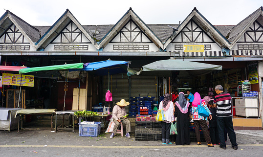 Pahang, Malaysia - Aug 22, 2014. Main market on Cameron Highlands, Malaysia. Cameron is the most popular of the highland retreats in Malaysia.