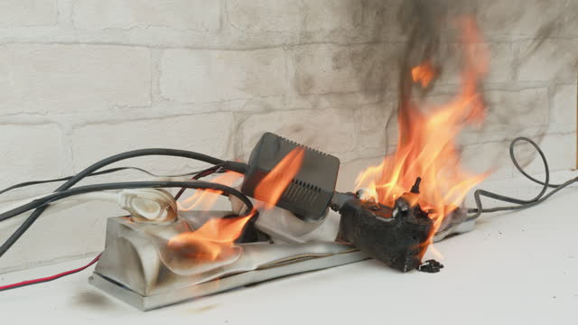 power cube strip with electrical plugs burns with open flame in room.