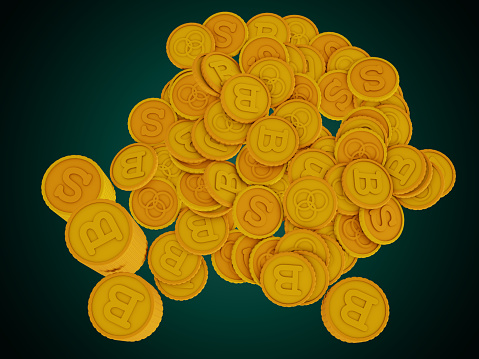 Money coins and tokens piled and stacked on gradient background 3D render illustration