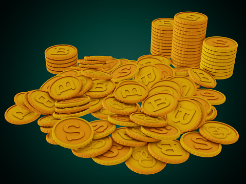 Money coins and tokens piled and stacked on gradient background 3D render illustration