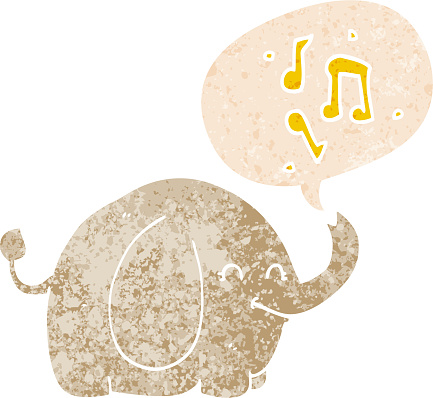 cartoon trumpeting elephant with speech bubble in grunge distressed retro textured style