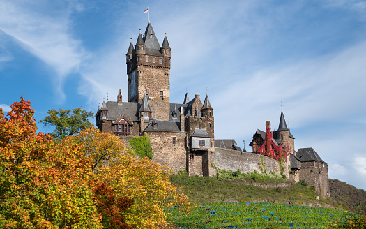 Cochem, Germany - October 7, 2022: Panoramic image of Cochem castle on October 7, 2022 in Germany