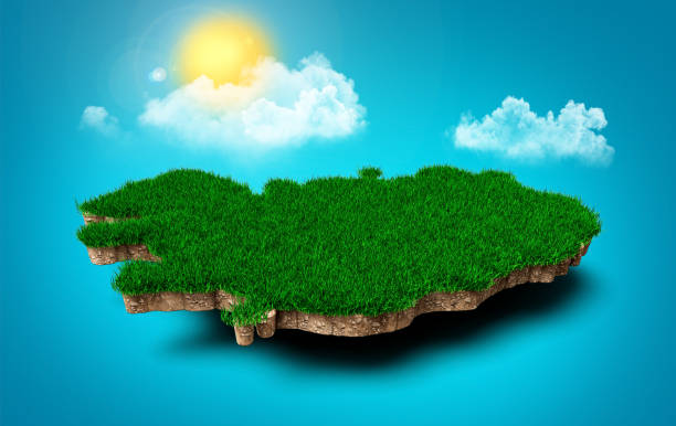 istock Iceland Map, Realistic 3D Map of Iceland Clouds Tree sun rays on bright blue Sky 3d illustration 1471136710