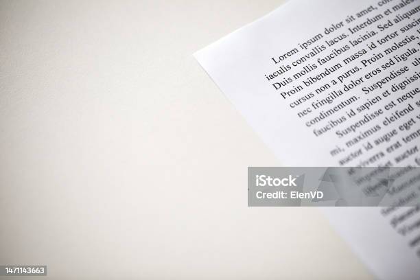Lorem Ipsum Text On Printed On Paper Top Paragraph Sample Of Document Space To Copy Text Side View Selective Focus Stock Photo - Download Image Now