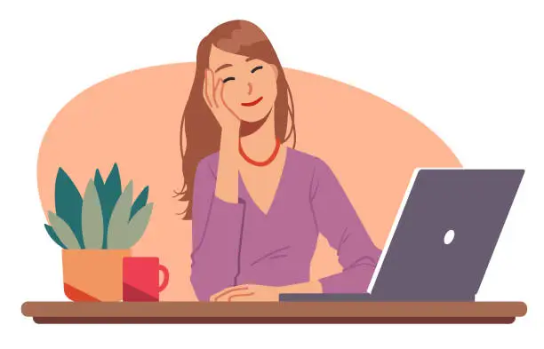 Vector illustration of Relaxed business woman dreaming sitting at office workplace desk with laptop computer. Dreamy person leaning on hand relaxing during break at work. Relaxation, procrastination flat vector illustration