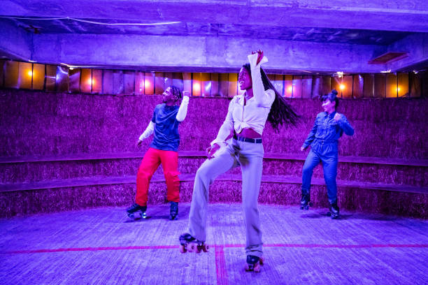 istock Group portrait of roller dancers in disco environment 1471143825