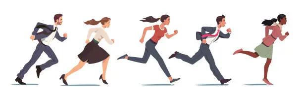 Vector illustration of Determined business men, women persons competing running set. Confident businessmen, businesswomen workers runners career race competition. Determination, success concept flat vector illustration