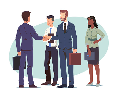 Business men shaking hands reaching agreement. Successful businesspeople partners cartoon characters closing deal standing with colleagues team. Partnership success, cooperation, handshake flat style vector isolated illustration