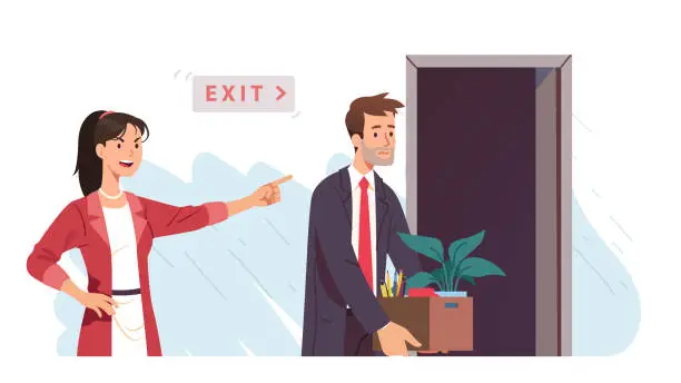 Vector illustration of Angry boss woman firing sad worker man. Business woman employer person dismissing employee pointing at the door. Fired man carrying box with things. Unemployment, dismissal flat vector illustration