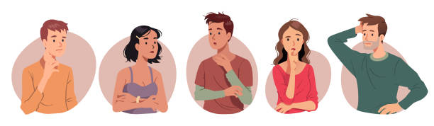 Pensive men, women in doubt thinking set. Confused thoughtful persons scratching head, touching chin, pondering. Confusion, wonder, uncertainty, contemplation collection flat vector illustration Pensive men, women in doubt thinking set. Confused thoughtful persons cartoon characters scratching head, touching chin, pondering. Confusion, wonder, uncertainty, contemplation collection flat style vector isolated illustration confusion raised eyebrows human face men stock illustrations