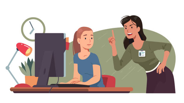 Angry manager screaming at sad worker. Disappointed business woman boss shouting scolding subordinate employee working on computer at workplace desk. Office conflict, stress flat vector illustration Angry manager screaming at sad worker. Disappointed business woman boss shouting scolding subordinate employee cartoon character working on computer at workplace desk. Office conflict, stress flat style vector isolated illustration scolding stock illustrations