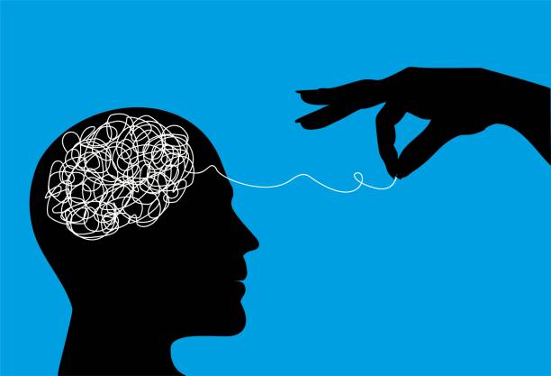 istock Psychologic therapy session concept with human head silhouette and helping hand unravels the tangle of messy thoughts with mental disorder, anxiety and confusion mind or stress. Vector illustration 1471144115