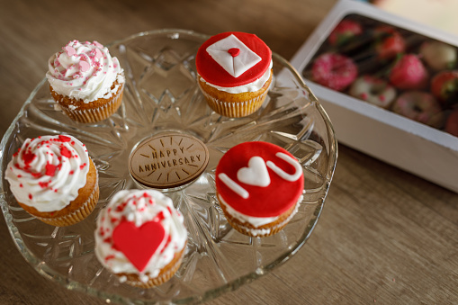 Beautifully arranged Valentine's Day cupcakes on a cake stand, the perfect addition to your romantic celebration.