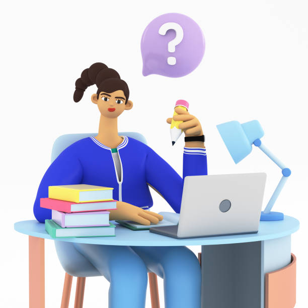 istock Young woman studying at home and doing homework. Concept of e-learning, online education at home. Education and back to school. Question icon. 3d render illustration. 1471150580
