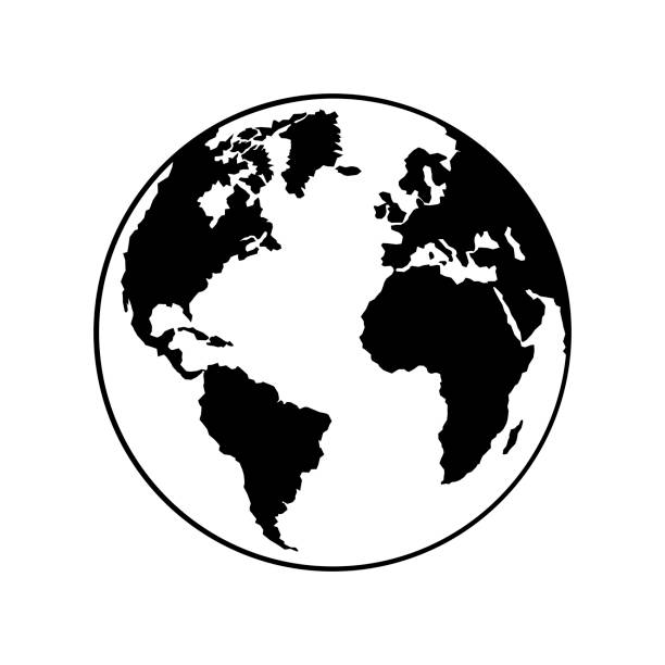 Planet Earth globe world silhouette black and white icon vector Planet Earth graphic design element isolated on a white background. World map template with continents Africa, America, Europe vector international drawings stock illustrations
