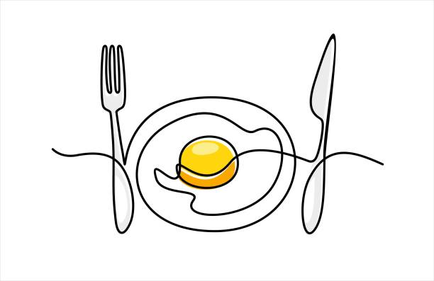 rysowanie linii ciągłej.  jajko sadzone na talerzu i sztućce - fork plate isolated scrambled eggs stock illustrations
