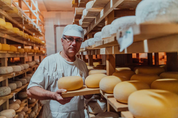 istock A worker at a cheese factory sorting freshly processed cheese on drying shelves 1471157641