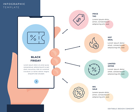 Black Friday Concept, A hand holding a smart phone, vector infographic template