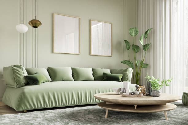 Green sofa in modern living room. Contemporary interior design of room with mint wall and coffee table. Home interior with posters. 3d rendering Green sofa in modern living room. Contemporary interior design of room with mint wall and wooden coffee table. Home interior with posters. 3d rendering mint green stock pictures, royalty-free photos & images