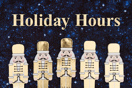 Happy Hours message with gold nutcrackers with star night