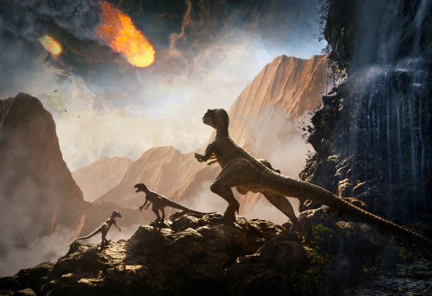 dinosauro rapace che osserva l'impatto di un asteroide, rendering 3d - carnivore foto e immagini stock