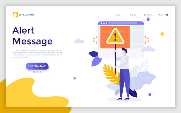 ilustrações de stock, clip art, desenhos animados e ícones de landing page template with man holding sign with exclamation mark. concept of alert message, warning signal or notification, caution notice, fatal error. modern flat vector illustration for webpage. - fatal accident illustrations