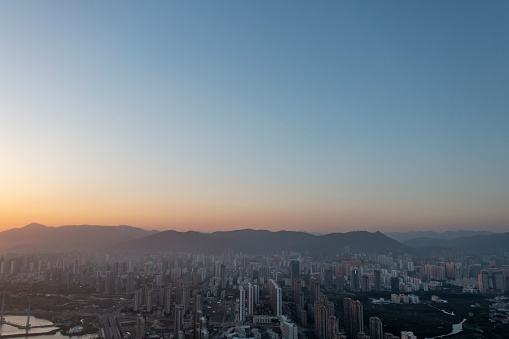 Aerial aerial view of Putian city skyline in Fujian province at night