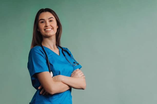 istock Portrait of young nurse with stethoscope, studio shoot. 1471177139