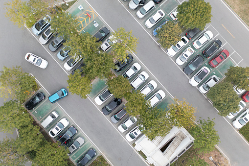 Aerial photography of cars lined up in parking lot