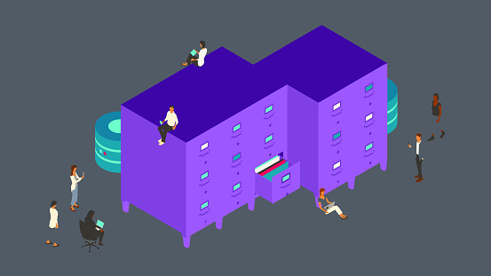 Eight people gather around an oversized filing cabinet, representing a digital asset repository or document management system (DMS), using laptops and mobile devices. A technology theme is emphasized by the flat color palette, including bold purple, turquoise, and magenta highlights on a dark gray background. Conceptual illustration is presented in isometric view on a 16x9 artboard, using vector shapes throughout.