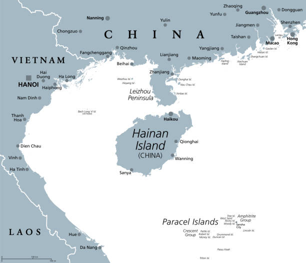 hainan, a province of china, and paracel islands, gray political map - 海南島 幅插畫檔、美工圖案、卡通及圖標