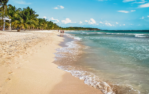 Riviera Maya, Quintana Roo, Mexico. 12/10/2022. Scenic natural beach on the edge of a popular resort.