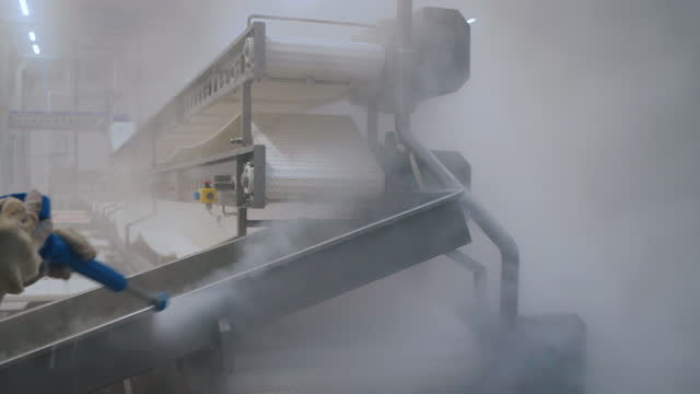 Pressure washing of the conveyor in the production shop, industrial cleaning