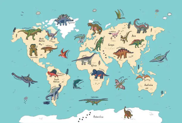 Vector illustration of Dinosaur world map vector illustration.