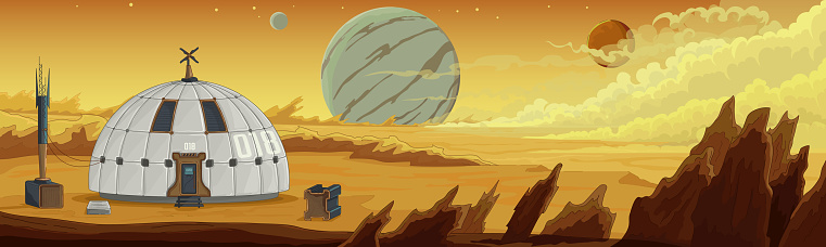 Panoramic view of the planet with the research habitation module, sandy surface, mountain range and rocks. A sandstorm is coming, horizon, planet. Colonization, expansion, Sci-fi. Vector illustration.