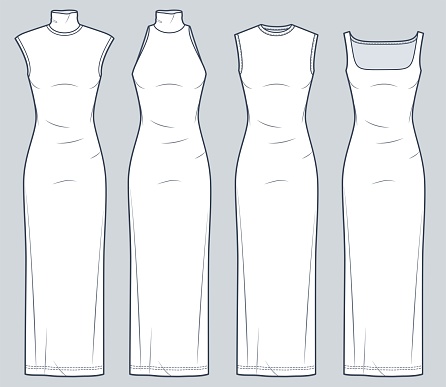 Set of maxi Dress technical fashion illustration. Jersey sleeveless Dress fashion flat technical drawing template, slim fit, roll neck, front and back view, white, women CAD mockup set.