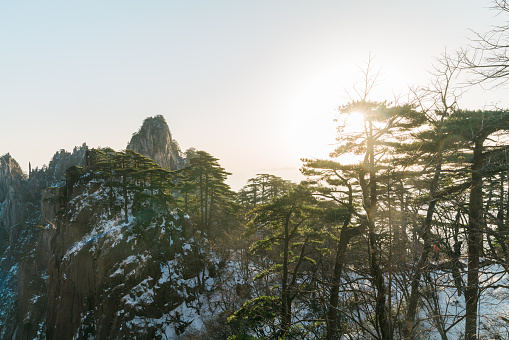 Bizarre landscapes in Huangshan Mountain at sunrise