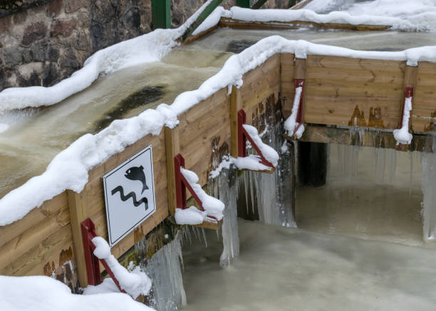 winter landscape, Anfabrikas locks is an engineering construction of the Lgatne river waterway cascade, fishway in winter, Ligatne, Latvia