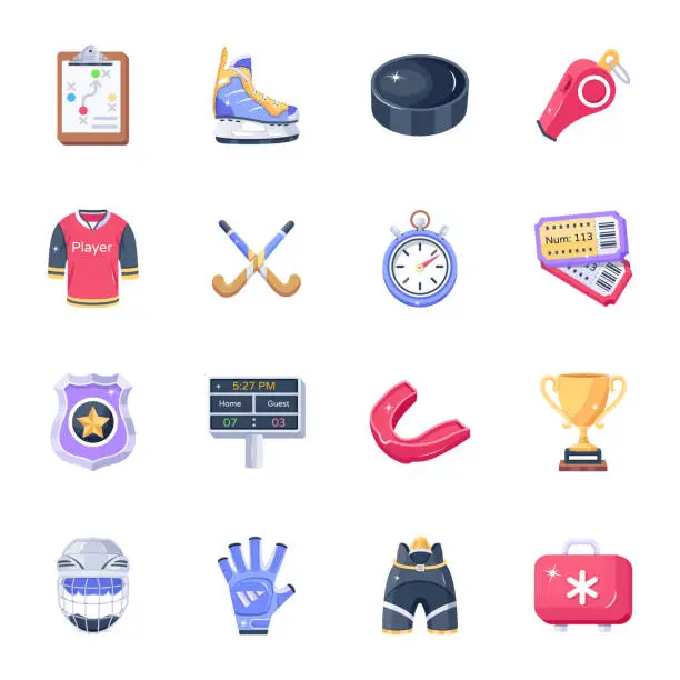 Vector illustration of 2D Style Icon Collection of Hockey Game