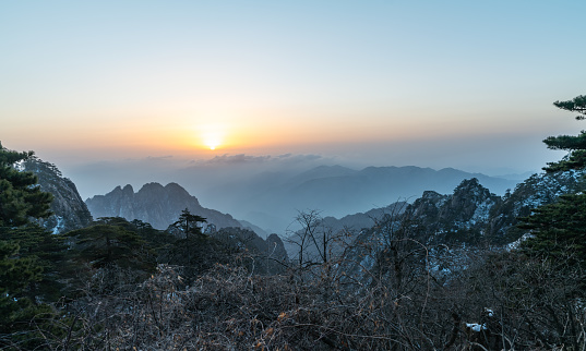 Bizarre landscapes in Huangshan Mountain at sunrise