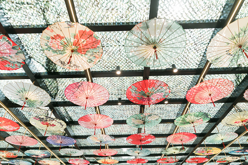Colorful umbrellas decorating glass ceiling