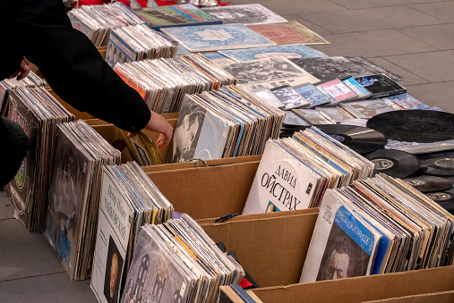 01.28.2023 Tbilisi, Georgia -  Close up boxes with old vinyl records on flea market at Dry Bridge.