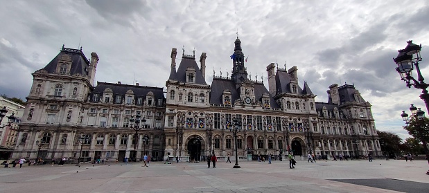 Panoramic of the main facade of the Hôtel de Ville from the esplanade, in Paris, France