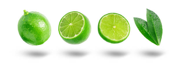istock Flying lime has water drop with slices and leaf collection. 1471196015