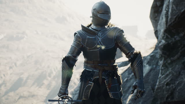 A medieval formidable knight against the backdrop of an ancient city. Historical medieval concept. The animation is for historical, medieval or military backgrounds.